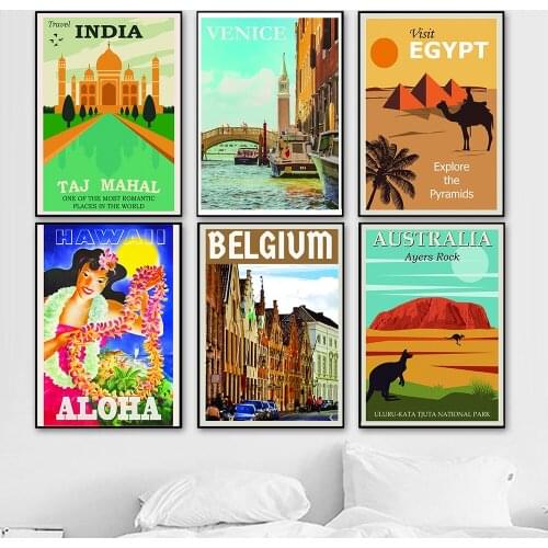 Vintage World Travel Poster And Print City Illustration Wall Art Egypt India Hawaii Canvas Painting Nodic Bedroom Decor Pictures