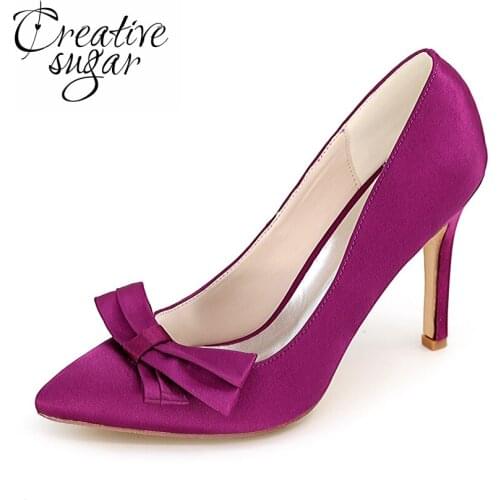 Creativesugar pointed toe bowtie womans high heel satin dress shoes ladies party wedding ball pumps red purple blue white ivory