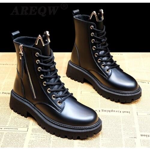 Size35-40 Chunky Motorcycle Boots for Women Autumn 2021 Fashion Round Toe Lace-up Combat Boots Ladies Shoes