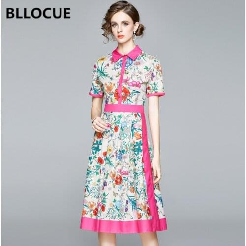 BLLOCUE Fashion Designer Floral Print Runway Dress Women Summer Short Sleeve Single-Breasted Vintage Holiday Pleated Midi Dress