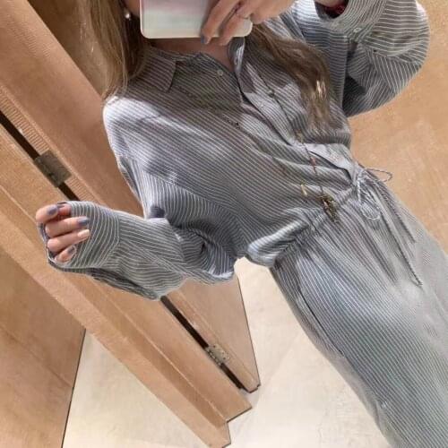 Women Stripes Knee-Length Dress 2021 New Turn-Down Collar Long Sleeve Waist Lace-up Robe Ladies Side Split Dresses With Buttons