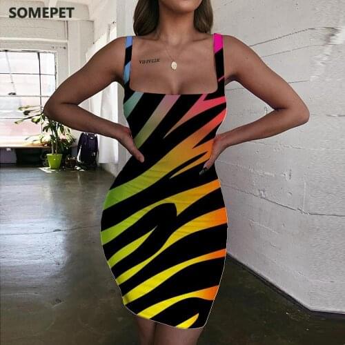 SOMEPET Stripe Dresses Women Zebra Vestido Sexy Colorful Sundress Rainbow Halter Sleeveless Womens Clothing Plus Size New Beach