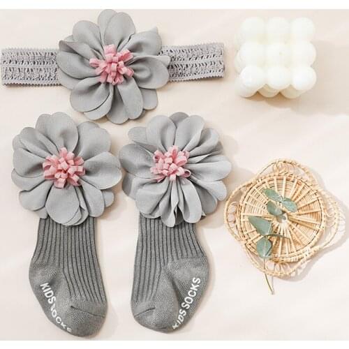2Pcs Set Newborn Baby Hand Gift For Full Month Sweet Socks With Bowknot Crown Flower Lace Headwrap Head Band Accessories