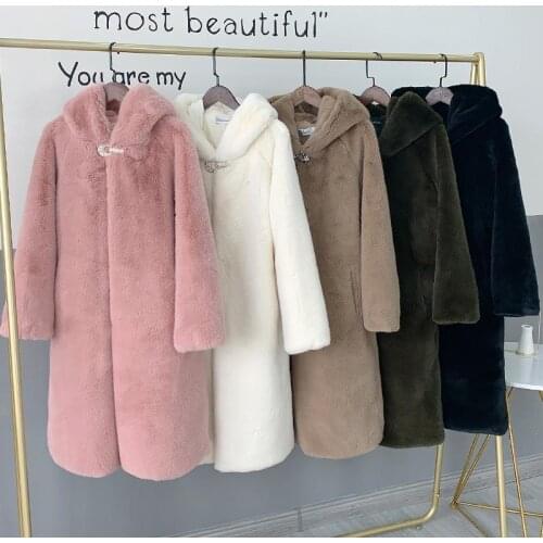 2020 Women Winter Korean Solid Hooded Faux Fur Coat Ladies Fake Mink Fur Jackets Female Loose Rex Rabbit Fur Long Overcoat 0160