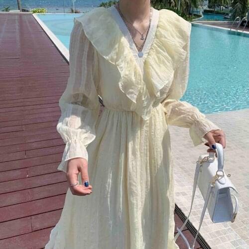 2021 Spring and Autumn Waist V-neck Ruffled Long-sleeved Dress Women French Retro Niche Folds Solid Color Chiffon Dress