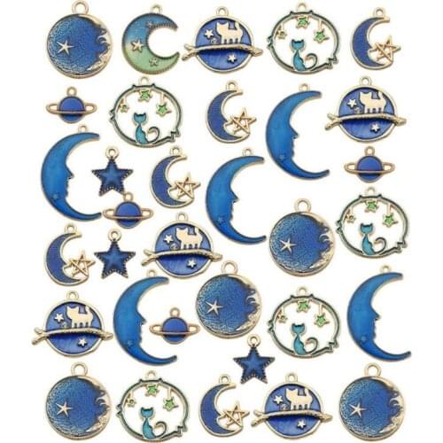 24pcs Gold Plated Enamel Cat Moon Star Celestial Charm Pendant DIY for Earrings Necklace Bracelet Jewelry Making and Crafting