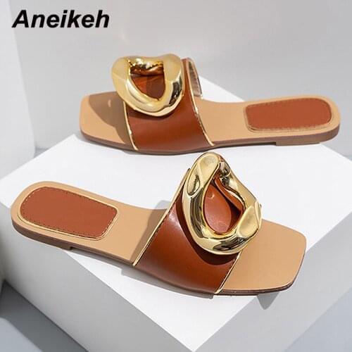 Aneikeh Fashion PU Metal Decoratio Flat With Non-Slip Soles Slippers Summer Outside Shallow Solid Women Shoes New 2021 Size37-42