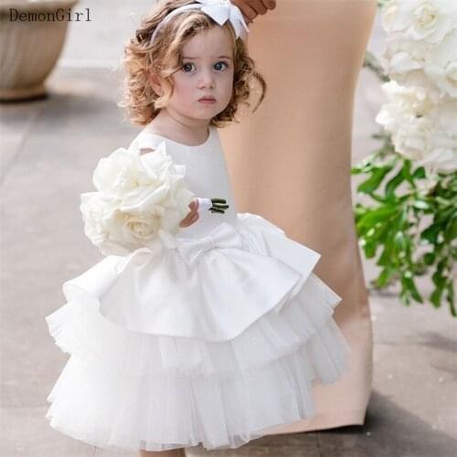 White Puffy Baby Girl Birthday Party Dress Satin Bow O Neck Little Princess Sleeveless Flower Girl Dress for Wedding