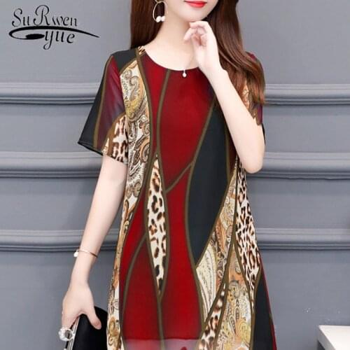 2021 Summer Fashion Women Chiffon Blouses O-neck Loose Casual Women Tops Short Sleeve Printed Women Loose Clothing Office Lady