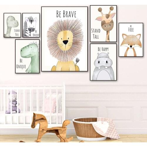 Cartoon Animal Nordic Decoration Posters Wall Art Pictures Lion Elephant Canvas Painting for Baby Girls Nursery Room Decor