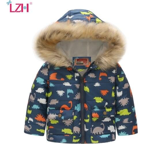 LZH 2021 Autumn Winter Cute Cartoon Jacket Hooded Fur Collar Children Cotton Clothing Jacket For Girls Kids Outerwear Coat Warm