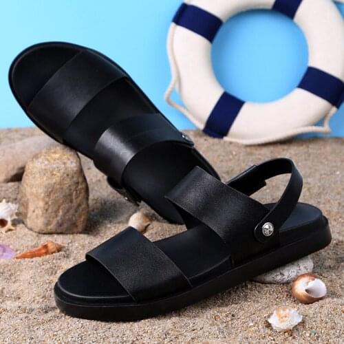 Summer Mens Sandals Genuine Leather Black Luxury Mens Beach Sandals Outdoor Fashion Breathable Mens Slippers Casual Footwear
