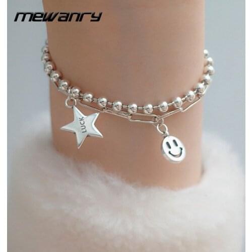 Mewanry 925 Sterling Silver Couples Bracelet Trend Vintage Hip Hop Double Chain Five-Pointed Star Smiley Jewelry Birthday Gifts