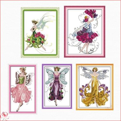 Joy Sunday Flower Fairies Cross Stitch Kit 14CT 11CT Canvas Printed Fabric Embroidery Kit DIY Needlework Home Deco Sewing Set