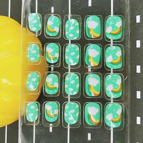 20Pcs Nail Press On False For Children Kids Girls Short Artificial Fake Nails Cute Full Cover Acrylic Nail Tip Cartoon Cloud