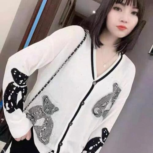 2021 New Korea-style Fashion Summer Thin Knitted Cardigans Loose V-neck Single Breasted Hot Drilling Bear Casual Sweaters