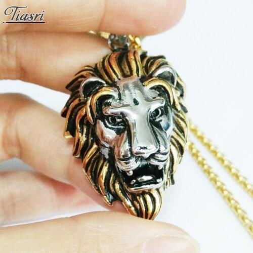 Tiasri Heavy Lion Head Pendant For Mens Necklace on The Neck Holiday Gift Stainless Steel Box Chain Hip-Hop Style Jewelry Goth