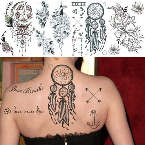 Sexy Black Dreamcatcher Temporary Tattoos Women Adult Realistic Verse Snake Fake Jewelry Cross Tattoo Sticker Waterproof Tatoo
