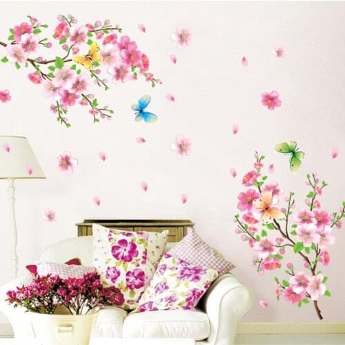 Romantic Warm Pink Peach Flower Butterfly Wall Sticker Living Room Bedroom Decoration Vinyl Wall Decals Art Poster Home Decor