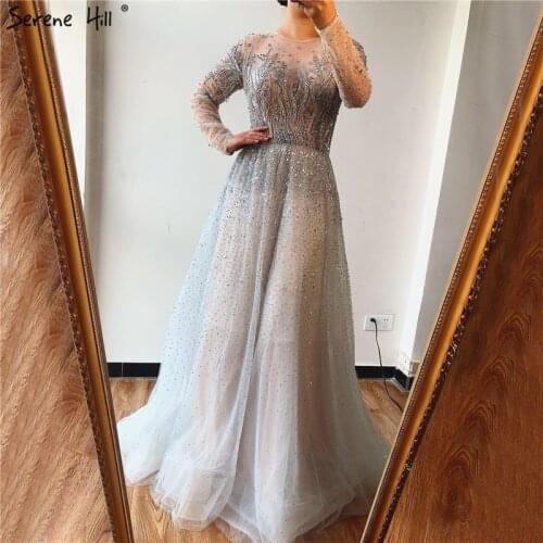 Serene Hill Silver Luxury Long Sleeves Evening Dress 2021 O-Neck A-Line Sexy Formal Party Wear Gown CLA60869