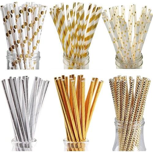 25pcs Metallic Heart Star Stripe Paper Straws Gold Silver Foil Stripe Wedding Kid Birthday Party Supplies Drinking Straw