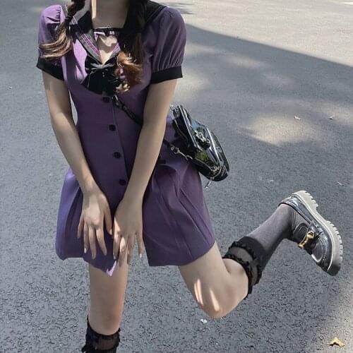 Japanese Puff Sleeve Navy Collar Dress Summer Sweet Slim Waist Single-Breasted Lolita Dress Soft Girl Cute Kawaii Purple Dresses