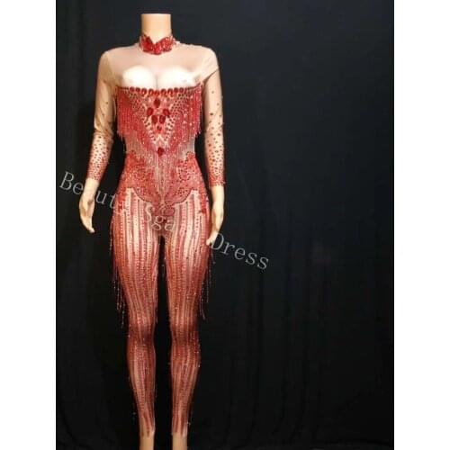 Bright Red Rhinestones Tassel Spandex Jumpsuit Women Dance Birthday Celebrate Bar Big Stretch Jumpsuit Singer Costume Outfit
