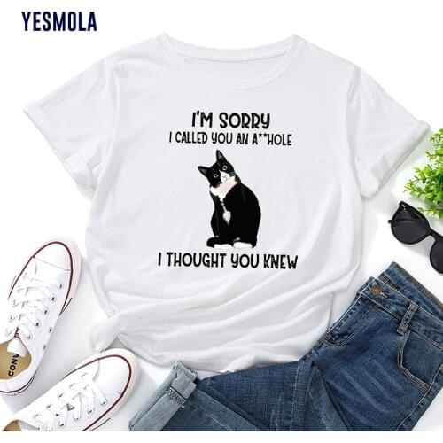 YESMOLA Cotton Women T-shirt Cute Cartoon Cat Print TShirt I Thought You Knew Summer Fashion Casual Short Sleeve Ladies Tee Tops