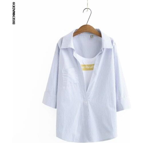 Womens Clothing Blouses&Shirts Plus Size 2021 Summer Fashion Casual Blue Stripe False Two Pieces Tops Chemise Femme