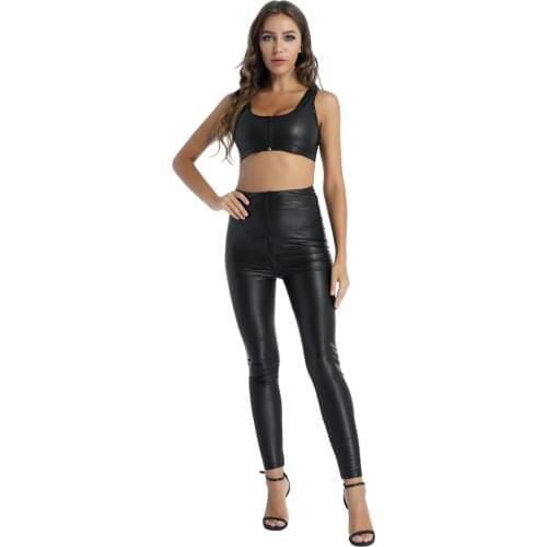 Womens Latex Patent Leather Costume Scoop Neck Sleeveless Cropped Tank Top Zipper Crotch High Waist Pants Pole Dace Rave Outfits