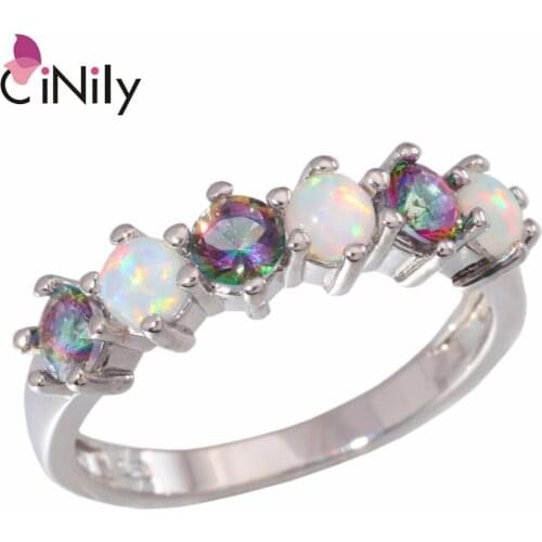 CiNily Created White Fire Opal Mystic Zircon Silver Plated Wholesale Elegant for Women Jewelry Gift Ring Size 7 8 OJ5509
