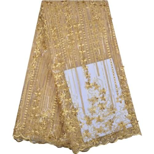 Gold Color Newest Arrival Beautiful Flower African Sequin Lace Fabric African Lace Fabric With Beaded For Party Dresses F1245