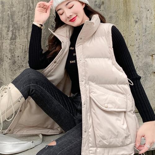 #0736Black Beige Winter Vest Waistcoat Women Big Pockets Stand Collar Casual Vest Coat Female Korean Style Loose Bodywarmer Vest