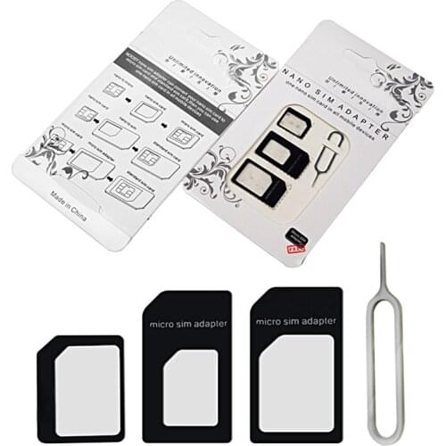 20 Pcs/Lot Nano SIM Card Adapter 4 in 1 Micro SIM Adapter with Eject Pin Key Retail Package for iPhone 5/5S/6/6S/Samsung