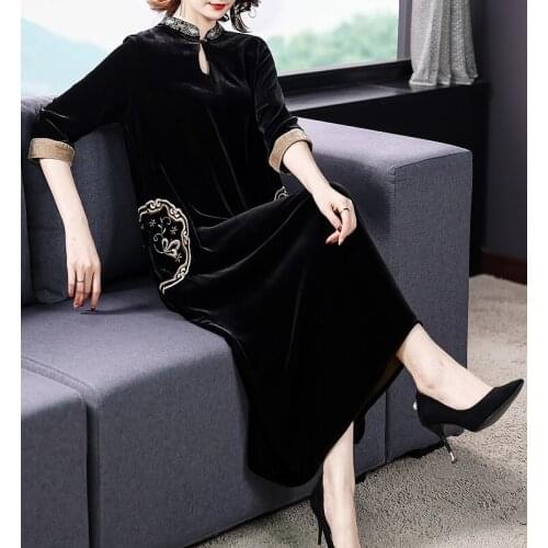 2021 Vintage Black Gold Velvet 4XL Plus Size Midi Dresses Fall Winter Casual Loose Dresses Women Elegant Bodycon Party Vestidos