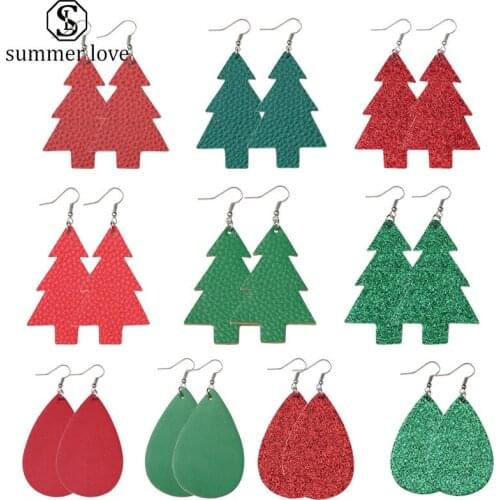 Boho Red Green Glitter Christmas Jewelry Christmas Tree Earrings Fashion Faux Leather Earrings for Women Earing Accesorios Mujer