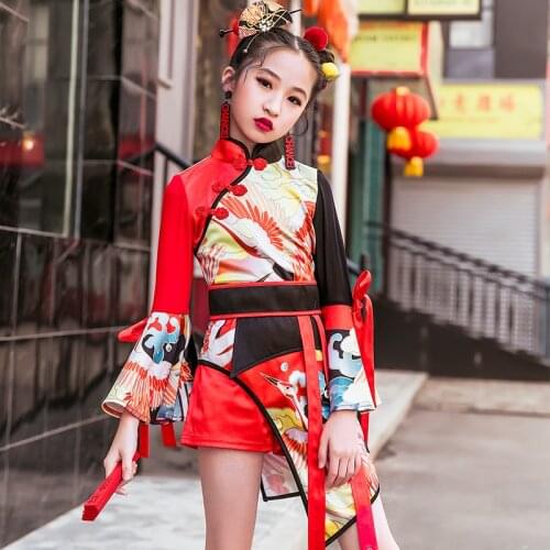 Girls Jazz Dance Costume Kids Chinese Style Printed Cheongsam Dress Children Hip Hop Street Dancing party Outfit Rave Clothes