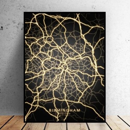 Birmingham Liverpool London England Black and gold Canvas Wall Art Map Poster for living room home decor frame
