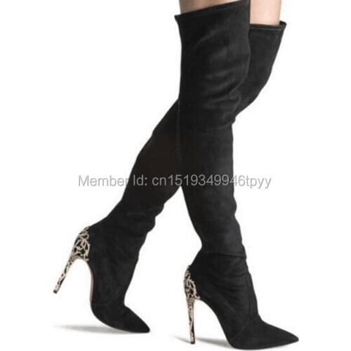 Classic Fashion Women Suede Thigh High Boots Pointed Toe Floral Gold Metal High Heel Over the Knee Autumn Boots Black Hot Pink