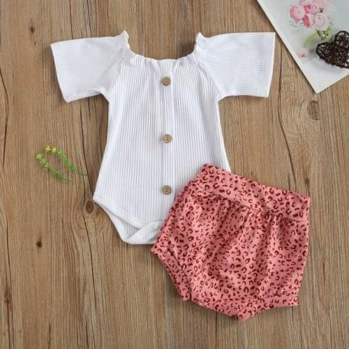 2Pcs Baby Girls Outfit, Summer Breathable Solid Color Short Sleeve Bodysuit+ Casual Leopard Point Shorts Set Daily Wear 2021
