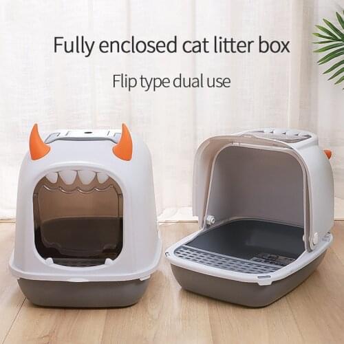 Cat Litter Box-Gray Little Monster Cat Litter Basin Flip Cat Toilet Fully Enclosed Splash-Proof Cat Toilet Full Clamshell Drop