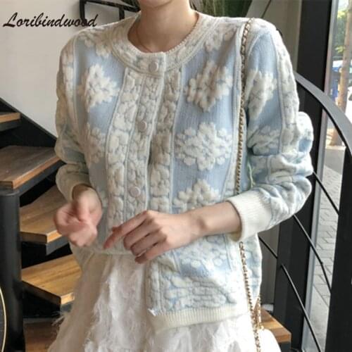 Loribindwood New 2021 Womens Autumn Winter Sweaters Fashionable Elegant Lady Cardigan Floral Vintage Short Knitwear Tops