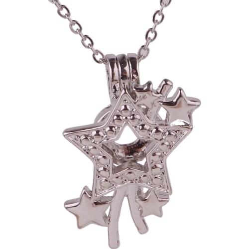 10pcs Copper Pentagram stars Beads Cage Essential Oil Diffuser Perfume Pearl Cage Locket necklace 45cm stainless steel chains