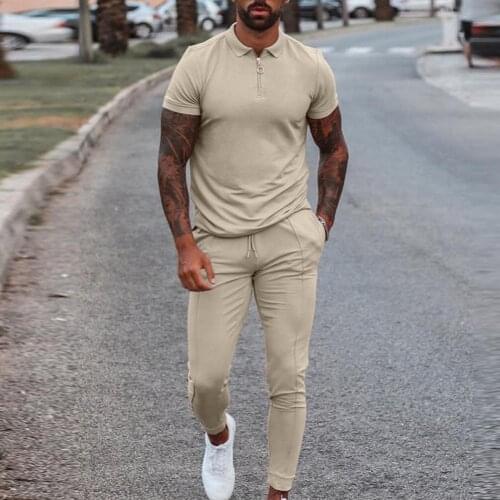 Fashion Solid Mens Clothes 2021 Summer 2 Piece Set Men Turn-down Collar Zipper Tops And Drawstring Pants Outfit Casual Suits 3XL