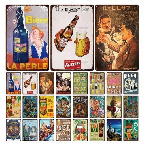 Man Drinking Beer Metal Sign Tiki Bar Beach Summer Style Beer Plaque Retro Bar Pub Club Wall Decoration Iron Plate Art Poster