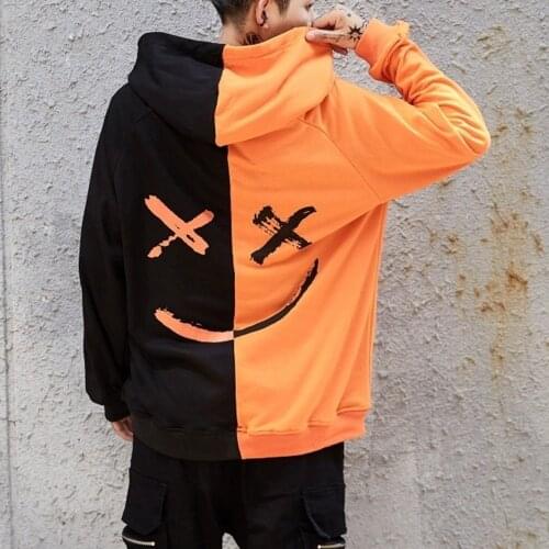 Men Oversized Hoodies Autumn Streetwear Smile Letter Print Couple Male Sweatshirts Hip Hop Patchwork Pocket Hooded Women Hoodie