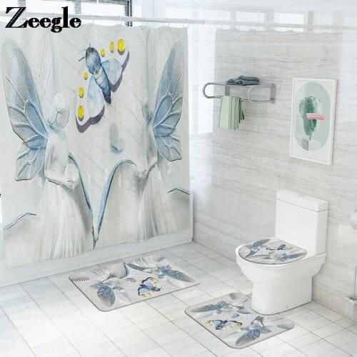 Simple Vintage Bath Mat for Bathroom Memory Foam U-shaped Bath Mat and Shower Curtain Set with Hooks Absorbent Toilet Rugs