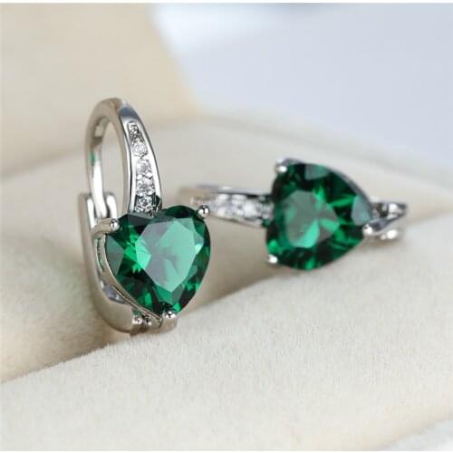 Rainbow Crystal Engagement Earrings Fashion Green Zircon Heart Stone Earrings Vintage Silver Color Small Hoop Earrings For Women