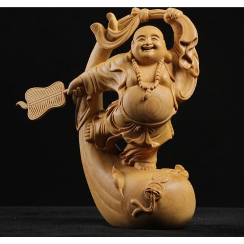 Boxwood 11cm 17cm Maitreya Sculpture Wood Carving Laughing Buddha Statue Home Decor