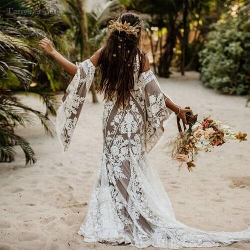 Flare Sleeve Unique Lace Wedding Dresses Bohemian Charming Bridal Gowns Nude Linling Mermaid Noivas Chic DW584